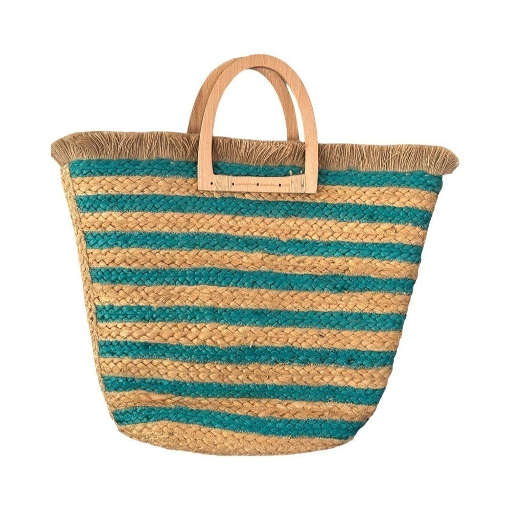 ANTIK KRAFT Hashree Wicker Jute Blue Stripes Tote Bag Wooden Handles Beach Bag - Picture 8 of 16